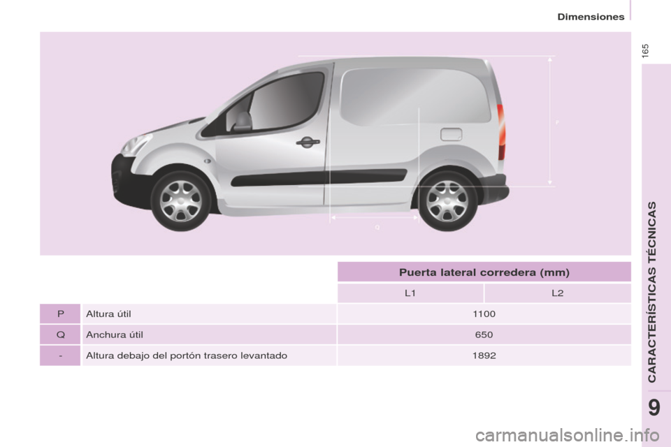 Peugeot Partner 2016  Manual del propietario (in Spanish) 165
Dimensiones
Partner-2-Vu_es_Chap09_Caract-technique_ed02-2015
L1L2
P Altura útil 1100
Q Anchura útil 650
- Altura debajo del portón trasero levantado 1892
Puerta lateral corredera (mm) 
CARACTE