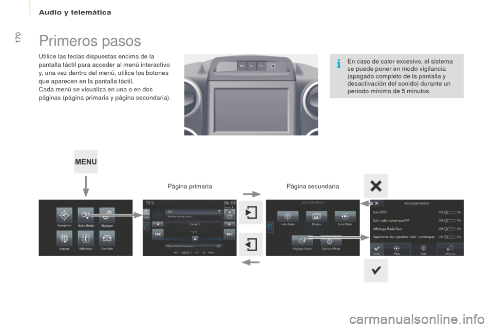 Peugeot Partner 2016  Manual del propietario (in Spanish) 170
Partner-2-Vu_es_Chap10a_SMEGplus_ed02-2015
Primeros pasos
Utilice las teclas dispuestas encima de la 
pantalla táctil para acceder al menú interactivo 
y, una vez dentro del menú, utilice los b