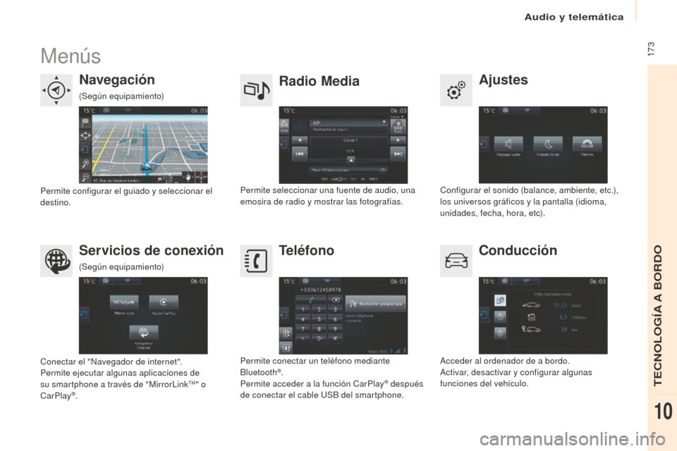 Peugeot Partner 2016  Manual del propietario (in Spanish)  173
Partner-2-Vu_es_Chap10a_SMEGplus_ed02-2015
Menús
Ajustes
Radio Media
Navegación
Conducción
Servicios de conexión Teléfono
Configurar el sonido (balance, ambiente, etc.), 
los universos gráf