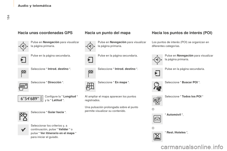Peugeot Partner 2016 Manual del propietario (in Spanish) 184
Partner-2-Vu_es_Chap10a_SMEGplus_ed02-2015
hacia unas coordenadas GPS
Seleccione " Introd. destino ".
Seleccione " Dirección ".
Configure la " Longitud "
y la " Latitud ".
Seleccione " Guiar Peugeot Partner 2016 Manual del propietario (in Spanish) 184
Partner-2-Vu_es_Chap10a_SMEGplus_ed02-2015
hacia unas coordenadas GPS
Seleccione " Introd. destino ".
Seleccione " Dirección ".
Configure la " Longitud "
y la " Latitud ".
Seleccione " Guiar