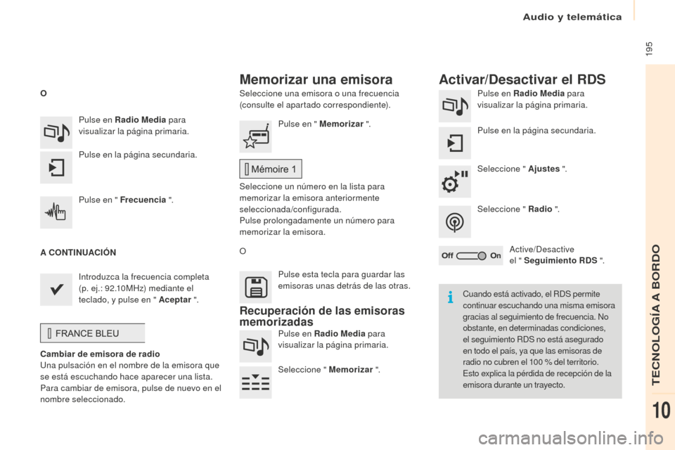 Peugeot Partner 2016 Manual del propietario (in Spanish) 195
Partner-2-Vu_es_Chap10a_SMEGplus_ed02-2015
Seleccione una emisora o una frecuencia
(consulte el apartado correspondiente).Pulse en Radio Media
para
visualizar la página primaria.
Pulse en la Peugeot Partner 2016 Manual del propietario (in Spanish) 195
Partner-2-Vu_es_Chap10a_SMEGplus_ed02-2015
Seleccione una emisora o una frecuencia
(consulte el apartado correspondiente).Pulse en Radio Media
para
visualizar la página primaria.
Pulse en la