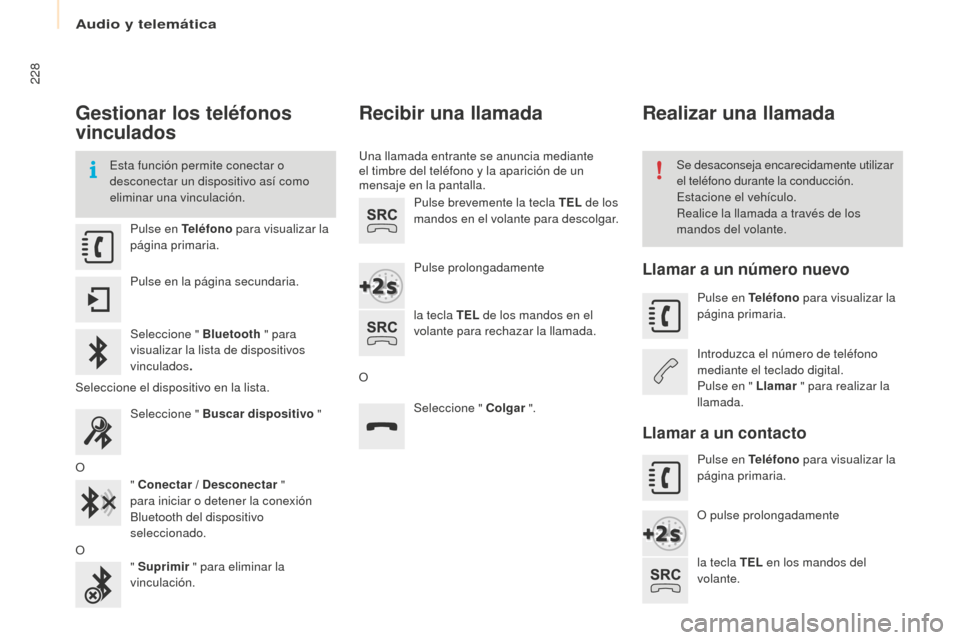 Peugeot Partner 2016 Manual del propietario (in Spanish) 228
Partner-2-Vu_es_Chap10a_SMEGplus_ed02-2015
Gestionar los teléfonos
vinculados
Esta función permite conectar o
desconectar un dispositivo así como
eliminar una vinculación.Se desaconseja enc Peugeot Partner 2016 Manual del propietario (in Spanish) 228
Partner-2-Vu_es_Chap10a_SMEGplus_ed02-2015
Gestionar los teléfonos
vinculados
Esta función permite conectar o
desconectar un dispositivo así como
eliminar una vinculación.Se desaconseja enc