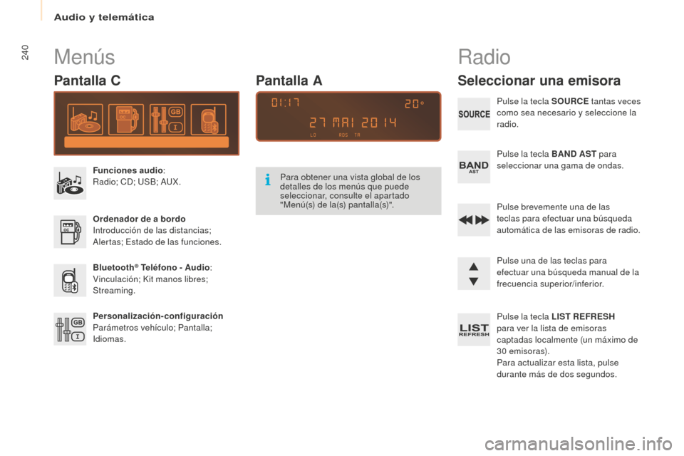 Peugeot Partner 2016  Manual del propietario (in Spanish) Audio y telemática
240
Partner-2-Vu_es_Chap10b_RD45_ed02-2015
Menús
Pantalla C
Funciones audio:
Radio; CD; USB; AUX.
Ordenador de a bordo
Introducción de las distancias; 
Alertas; Estado de las fun