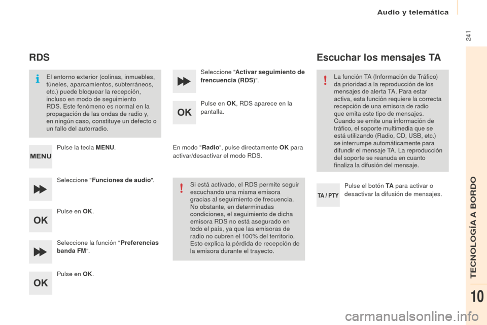 Peugeot Partner 2016 Manual del propietario (in Spanish) Audio y telemática
241
Partner-2-Vu_es_Chap10b_RD45_ed02-2015
RDS
El entorno exterior (colinas, inmuebles,
túneles, aparcamientos, subterráneos,
etc.) puede bloquear la recepción,
incluso en m Peugeot Partner 2016 Manual del propietario (in Spanish) Audio y telemática
241
Partner-2-Vu_es_Chap10b_RD45_ed02-2015
RDS
El entorno exterior (colinas, inmuebles,
túneles, aparcamientos, subterráneos,
etc.) puede bloquear la recepción,
incluso en m