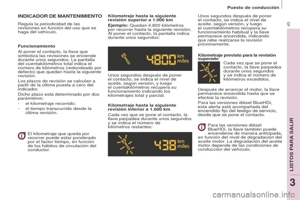 Peugeot Partner 2016  Manual del propietario (in Spanish) 43
Puesto de conducción
Partner-2-Vu_es_Chap03_Pret-a-partir_ed02-2015
INDICADOR DE MANTENIMIENTO
Regula la periodicidad de las 
revisiones en función del uso que se 
haga del vehículo.Kilometraje 