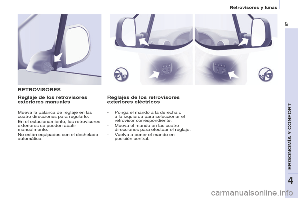 Peugeot Partner 2016 Manual del propietario (in Spanish) 87
Retrovisores y lunas
Partner-2-Vu_es_Chap04_Ergonomie_ed02-2015
Reglajes de los retrovisores
exteriores eléctricos
R
ETROVISORES
Reglaje de los retrovisores
exteriores manuales
Mueva la palanca Peugeot Partner 2016 Manual del propietario (in Spanish) 87
Retrovisores y lunas
Partner-2-Vu_es_Chap04_Ergonomie_ed02-2015
Reglajes de los retrovisores
exteriores eléctricos
R
ETROVISORES
Reglaje de los retrovisores
exteriores manuales
Mueva la palanca