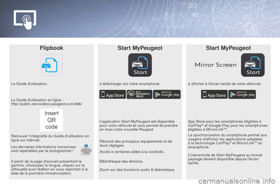 Peugeot Partner 2016  Manuel du propriétaire (in French) StartStart
Mirror Screen
FlipbookStart MyPeugeot Start MyPeugeot
Le Guide dutilisation. à télécharger sur votre smartphone.à afficher à lécran tactile de votre véhicule.
Zoom sur des fonction