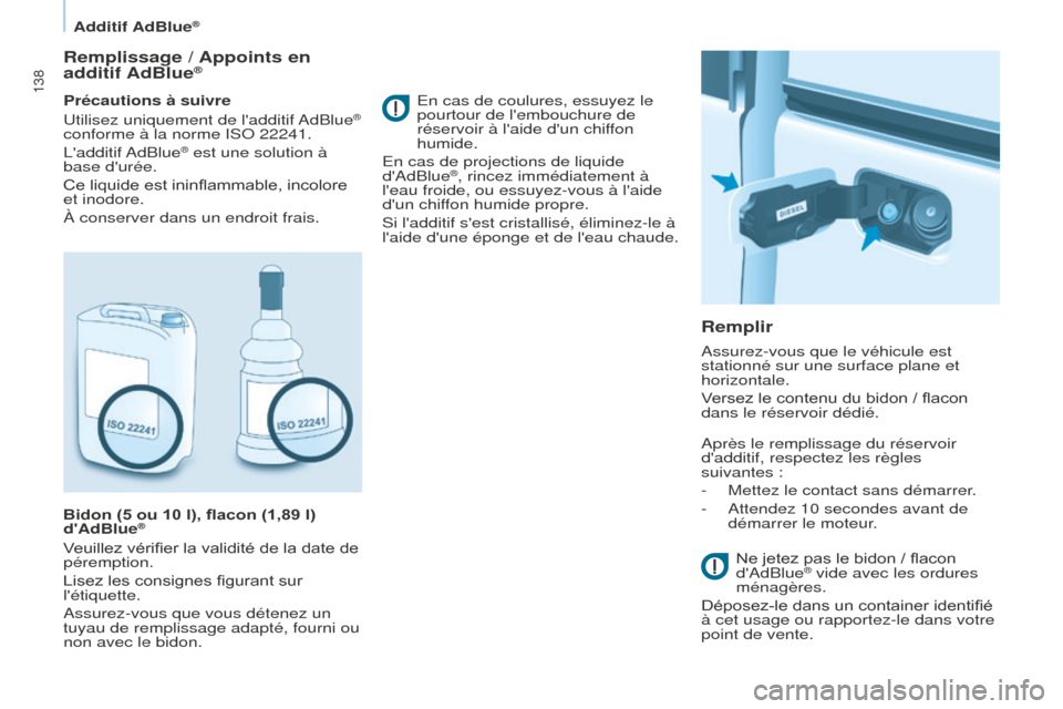 Peugeot Partner 2016 Manuel du propriétaire (in French) 138
Additif AdBlue®
Remplissage / Appoints en
additif AdBlue®
Précautions à suivre
Utilisez uniquement de ladditif AdBlue®
conforme à la norme ISO 22241.
Ladditif AdBlue
® est une solution Peugeot Partner 2016 Manuel du propriétaire (in French) 138
Additif AdBlue®
Remplissage / Appoints en
additif AdBlue®
Précautions à suivre
Utilisez uniquement de ladditif AdBlue®
conforme à la norme ISO 22241.
Ladditif AdBlue
® est une solution