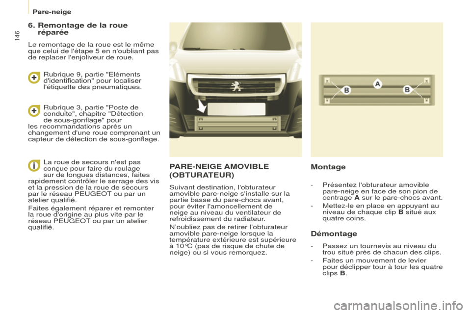 Peugeot Partner 2016 Manuel du propriétaire (in French) 146
Pare-neige
PARE-NEIGE AMOVIBLE
(OBTURA
TEUR
)
Suivant destination, lobturateur
amovible pare-neige sinstalle sur la
partie basse du pare-chocs avant,
pour éviter lamoncellement de
neige au Peugeot Partner 2016 Manuel du propriétaire (in French) 146
Pare-neige
PARE-NEIGE AMOVIBLE
(OBTURA
TEUR
)
Suivant destination, lobturateur
amovible pare-neige sinstalle sur la
partie basse du pare-chocs avant,
pour éviter lamoncellement de
neige au