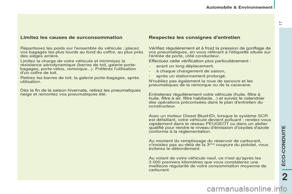 Peugeot Partner 2016 Manuel du propriétaire (in French) 17
Automobile & Environnement
Limitez les causes de surconsommation
Répartissez les poids sur lensemble du véhicule ; placez
vos bagages les plus lourds au fond du coffre, au plus près
des sièg Peugeot Partner 2016 Manuel du propriétaire (in French) 17
Automobile & Environnement
Limitez les causes de surconsommation
Répartissez les poids sur lensemble du véhicule ; placez
vos bagages les plus lourds au fond du coffre, au plus près
des sièg
