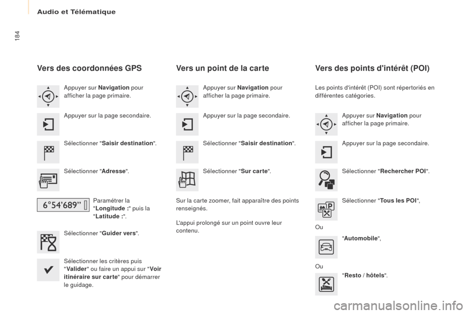 Peugeot Partner 2016 Manuel du propriétaire (in French) Audio et Télématique
184
Vers des coordonnées GPS
Sélectionner "Saisir destination ".
Sélectionner " Adresse".
Paramétrer la
" Longitude
:" p
uis la
" Latitude
:".
Sél
ectionner " Guider Peugeot Partner 2016 Manuel du propriétaire (in French) Audio et Télématique
184
Vers des coordonnées GPS
Sélectionner "Saisir destination ".
Sélectionner " Adresse".
Paramétrer la
" Longitude
:" p
uis la
" Latitude
:".
Sél
ectionner " Guider