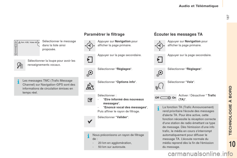 Peugeot Partner 2016 Manuel du propriétaire (in French) Audio et Télématique
187
Sélectionner le message
dans la liste ainsi
proposée.
Sélectionner la loupe pour avoir les
renseignements vocaux.
Paramétrer le filtrage
Appuyer sur Navigation pour Peugeot Partner 2016 Manuel du propriétaire (in French) Audio et Télématique
187
Sélectionner le message
dans la liste ainsi
proposée.
Sélectionner la loupe pour avoir les
renseignements vocaux.
Paramétrer le filtrage
Appuyer sur Navigation pour