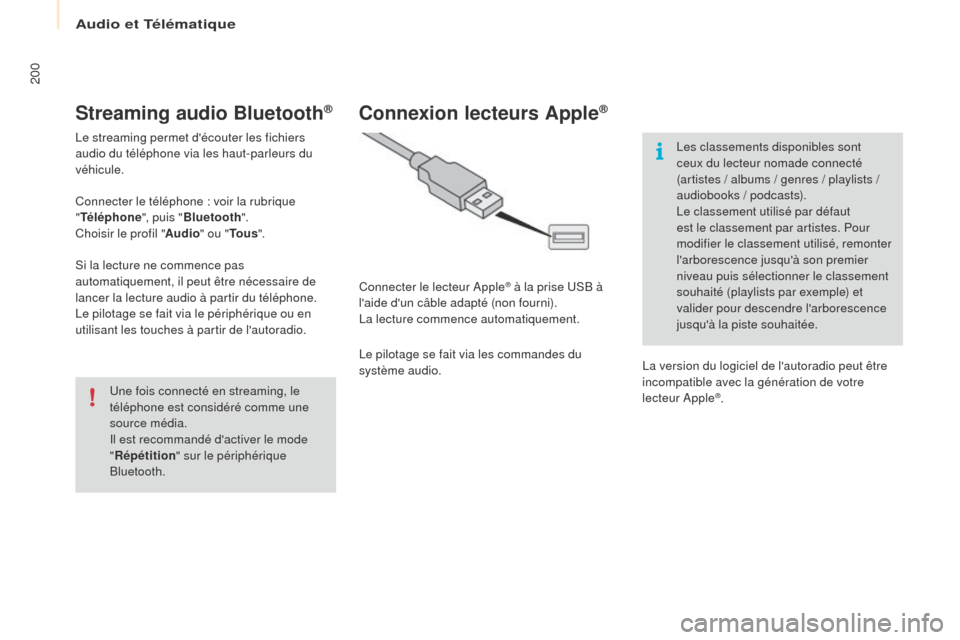 Peugeot Partner 2016 Manuel du propriétaire (in French) Audio et Télématique
200
Streaming audio Bluetooth®
Le streaming permet découter les fichiers
audio du téléphone via les haut-parleurs du
véhicule.
Connecter le téléphone : voir la rubriqu Peugeot Partner 2016 Manuel du propriétaire (in French) Audio et Télématique
200
Streaming audio Bluetooth®
Le streaming permet découter les fichiers
audio du téléphone via les haut-parleurs du
véhicule.
Connecter le téléphone : voir la rubriqu