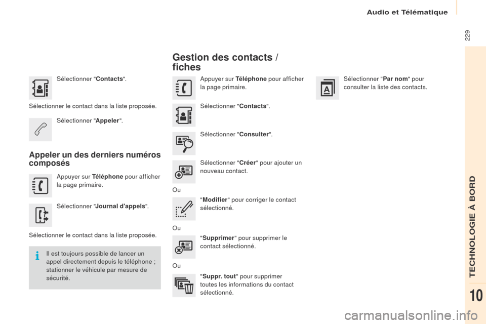 Peugeot Partner 2016 Manuel du propriétaire (in French) Audio et Télématique
229
Sélectionner "Contacts".
Sélectionner le contact dans la liste proposée. Sélectionner " Appeler".
Appeler un des derniers numéros
composés
Appuyer sur Téléphone p Peugeot Partner 2016 Manuel du propriétaire (in French) Audio et Télématique
229
Sélectionner "Contacts".
Sélectionner le contact dans la liste proposée. Sélectionner " Appeler".
Appeler un des derniers numéros
composés
Appuyer sur Téléphone p