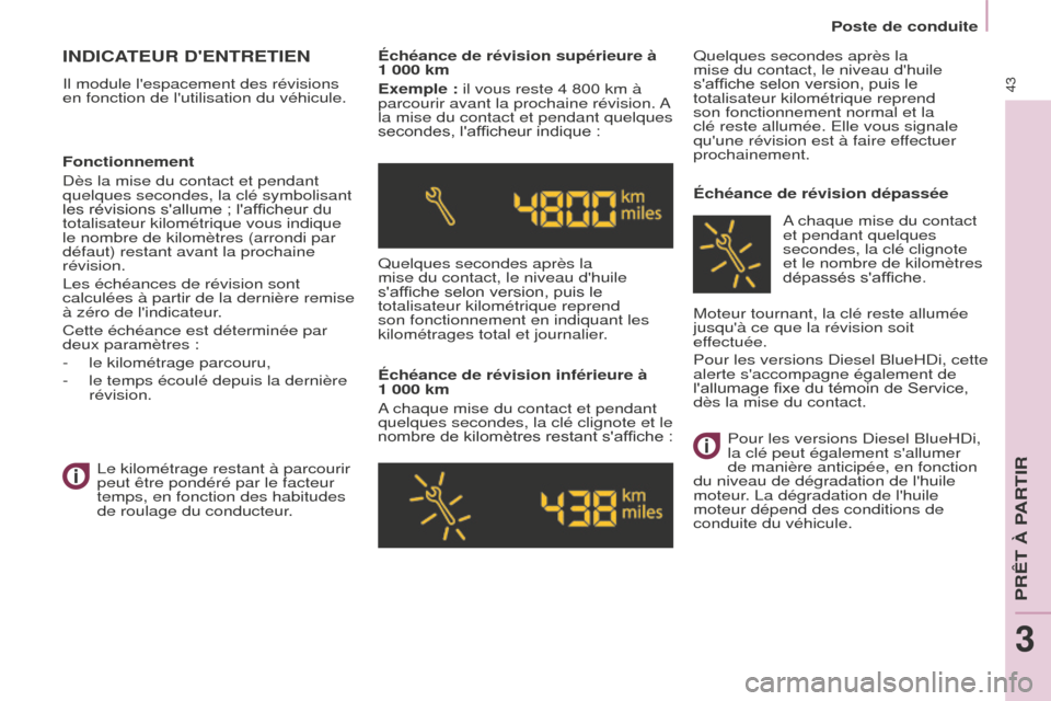 Peugeot Partner 2016  Manuel du propriétaire (in French) 43
Poste de conduite
INDICATEUR DENTRETIEN
Il module lespacement des révisions 
en fonction de lutilisation du véhicule.Échéance de révision supérieure à 
1 000 km
Exemple : il vous reste 4 