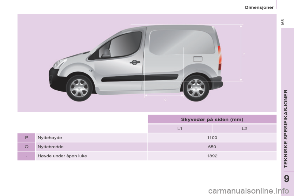 Peugeot Partner 2016  Brukerhåndbok (in Norwegian) 165
Dimensjoner
Partner-2-Vu_no_Chap09_Caract-technique_ed02-2015
L1L2
P Nyttehøyde 1100
Q Nyttebredde 650
- Høyde under åpen luke 1892
Skyvedør på siden (mm) 
TEKNISKE SPESIFIKASJONER
9  