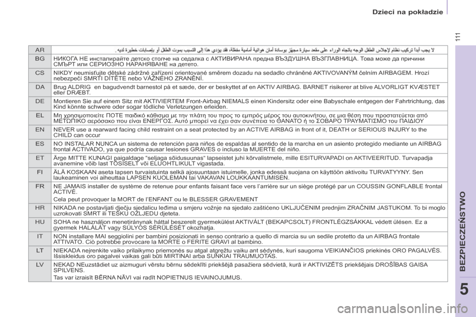 Peugeot Partner 2016  Instrukcja Obsługi (in Polish) AR
BG
НИКОГА НЕ инсталирайте детско столче на седалка с АКТИВИРАНА предна ВЪЗДУШНА ВЪЗГЛАВНИЦА. Това може да пр