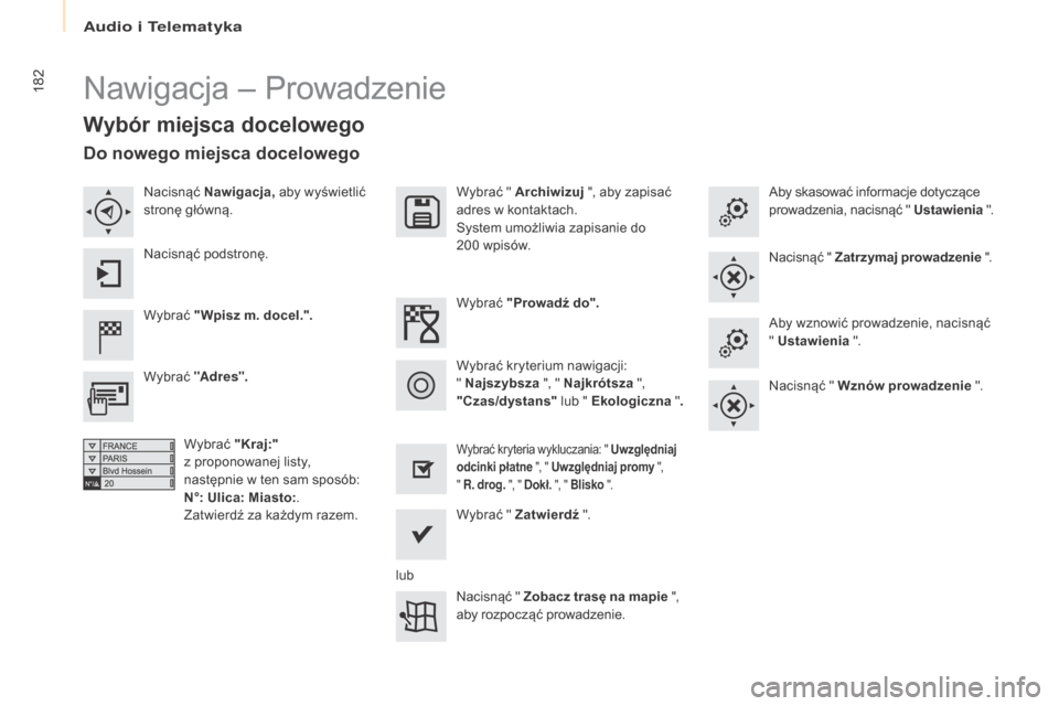 Peugeot Partner 2016 Instrukcja Obsługi (in Polish) 182
Partner-2-Vu_pl_Chap10a_SMEGplus_ed02-2015
Nawigacja – Prowadzenie
Wybór miejsca docelowego
Wybrać "Wpisz m. docel.". Wybrać " Archiwizuj
", aby zapisać
adres w
k
ontaktach.
System umoż Peugeot Partner 2016 Instrukcja Obsługi (in Polish) 182
Partner-2-Vu_pl_Chap10a_SMEGplus_ed02-2015
Nawigacja – Prowadzenie
Wybór miejsca docelowego
Wybrać "Wpisz m. docel.". Wybrać " Archiwizuj
", aby zapisać
adres w
k
ontaktach.
System umoż