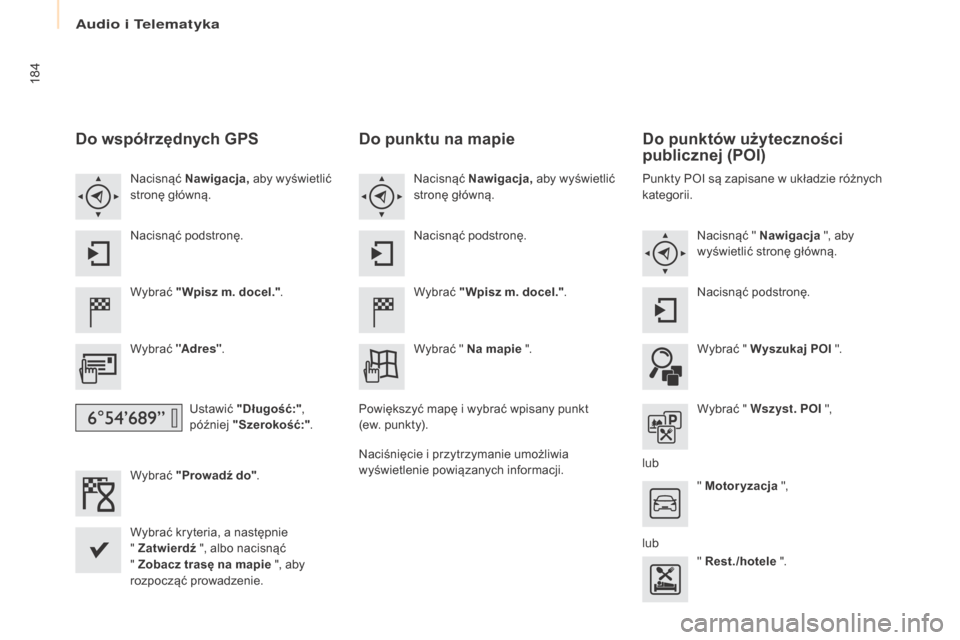 Peugeot Partner 2016  Instrukcja Obsługi (in Polish) 184
Partner-2-Vu_pl_Chap10a_SMEGplus_ed02-2015
Do współrzędnych gPS
Wybrać "Wpisz m. docel." .
Wybrać  "Adres" .
Ustawić "Długość:" , 
później  "Szerokość:" .
Wybrać  "Prowadź do" .
Wyb