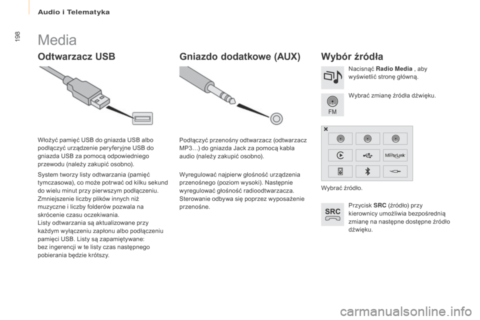 Peugeot Partner 2016 Instrukcja Obsługi (in Polish) 198
Partner-2-Vu_pl_Chap10a_SMEGplus_ed02-2015
Media
Odtwarzacz uSB Wybór źródła
Przycisk SRC (źródło) przy
kierownicy umożliwia bezpośrednią
zmianę na następne dostępne źródło
dźw Peugeot Partner 2016 Instrukcja Obsługi (in Polish) 198
Partner-2-Vu_pl_Chap10a_SMEGplus_ed02-2015
Media
Odtwarzacz uSB Wybór źródła
Przycisk SRC (źródło) przy
kierownicy umożliwia bezpośrednią
zmianę na następne dostępne źródło
dźw
