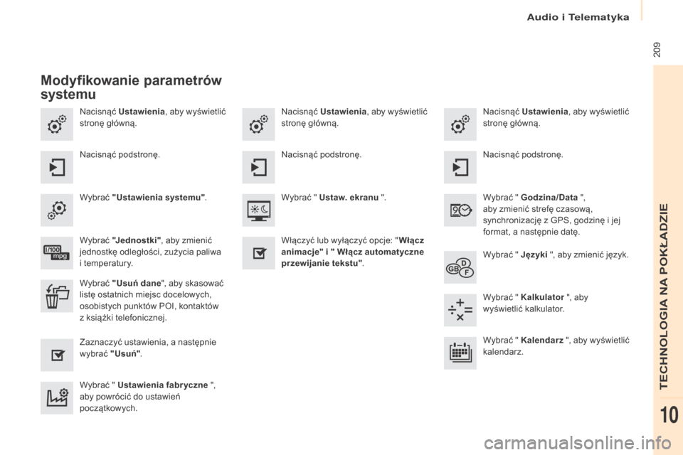 Peugeot Partner 2016  Instrukcja Obsługi (in Polish)  209
Partner-2-Vu_pl_Chap10a_SMEGplus_ed02-2015
Nacisnąć ustawienia, aby wyświetlić 
stronę główną. Nacisnąć ust
awienia, aby wyświetlić 
stronę główną.
Nacisnąć ust
awienia, aby wy