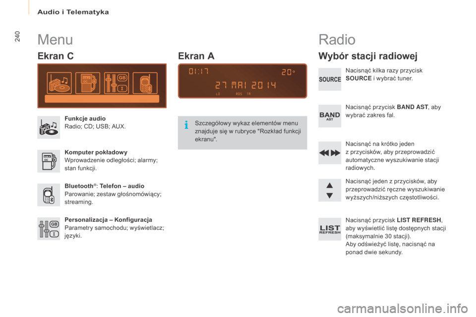 Peugeot Partner 2016  Instrukcja Obsługi (in Polish) Audio i Telematyka
240
Partner-2-Vu_pl_Chap10b_RD45_ed02-2015
Menu
Ekran C
Funkcje audio
Radio; CD; USB; AUX.
Komputer pokładowy
Wprowadzenie odległości; alarmy; 
stan funkcji.
Bluetooth
®: Telefo