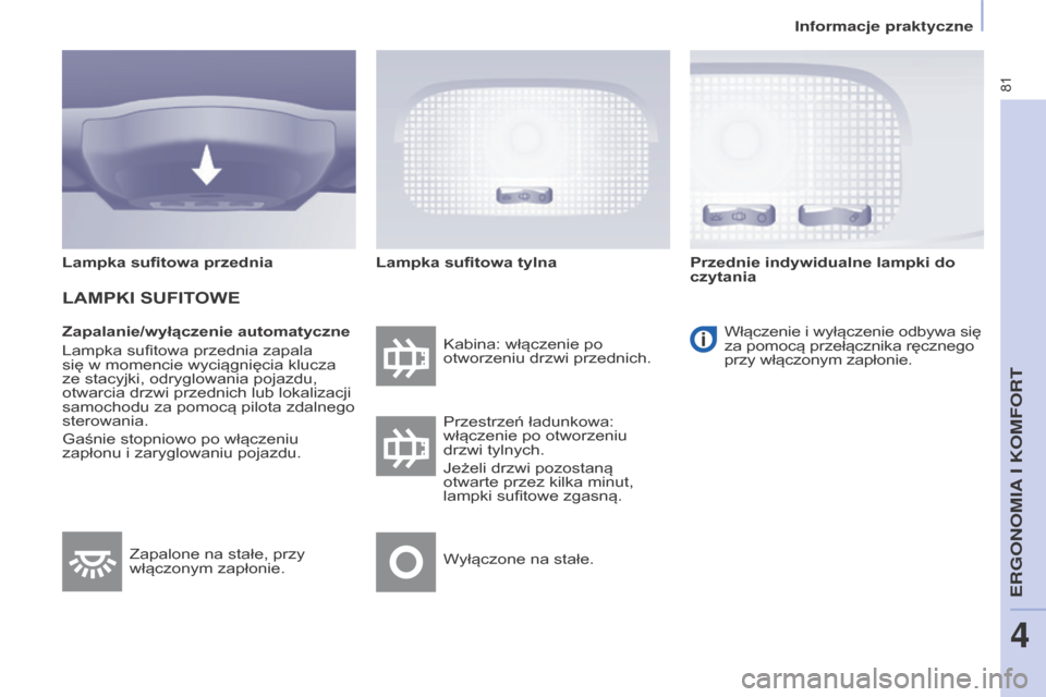 Peugeot Partner 2016 Instrukcja Obsługi (in Polish) 81
Partner-2-Vu_pl_Chap04_Ergonomie_ed02-2015
Zapalanie/wyłączenie automatyczne
Lampka sufitowa przednia zapala
się w
momencie wyciągnięcia klucza
ze stacyjki, odryglowania pojazdu,
otwarcia Peugeot Partner 2016 Instrukcja Obsługi (in Polish) 81
Partner-2-Vu_pl_Chap04_Ergonomie_ed02-2015
Zapalanie/wyłączenie automatyczne
Lampka sufitowa przednia zapala
się w
momencie wyciągnięcia klucza
ze stacyjki, odryglowania pojazdu,
otwarcia