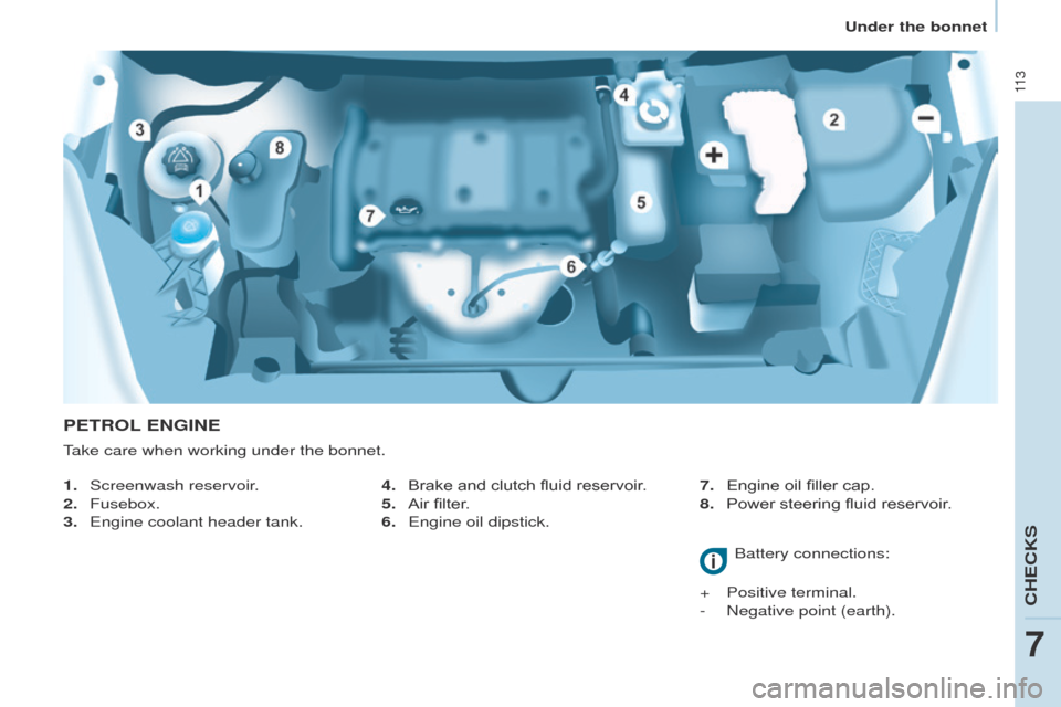 Peugeot Partner 2015  Owners Manual 11 3
Partner-2-VU_en_Chap07_Verification_ed02-2014
PETROL ENGINE
1. Screenwash reservoir.
2.  
Fusebox.
3.

 
Engine coolant header tank. Battery connections:
+

 
Positive terminal.
-

 
Negative poi