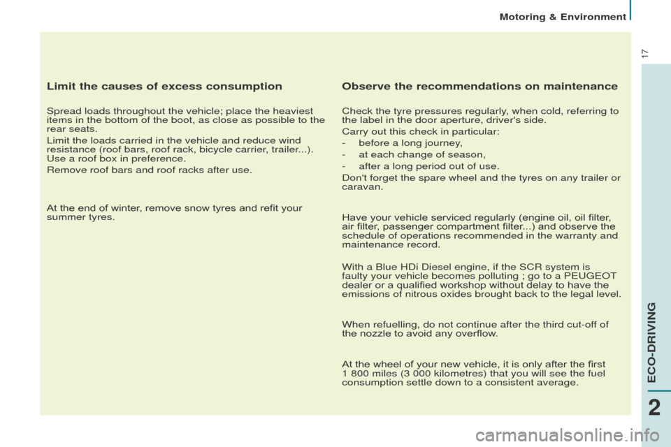 Peugeot Partner 2015  Owners Manual 17
Partner-2-VU_en_Chap02_eco-conduite_ed02-2014
Limit the causes of excess consumption
Spread loads throughout the vehicle; place the heaviest 
items in the bottom of the boot, as close as possible t