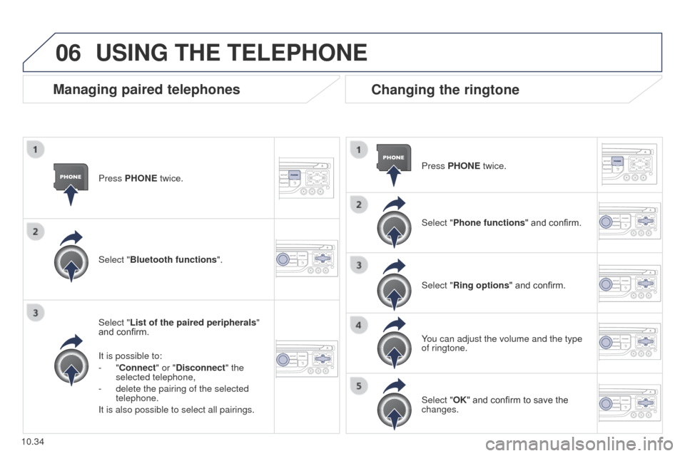 Peugeot Partner 2015 Owners Manual 06
10.34
Partner-2-VU_en_Chap10b_RT6-2-8_ed02-2014
Press PHONE twice.
Select "List of the paired peripherals"
and confirm.
It is possible to:
-
"Connect" or "Disconnect" the
selected telephone,
-
Peugeot Partner 2015 Owners Manual 06
10.34
Partner-2-VU_en_Chap10b_RT6-2-8_ed02-2014
Press PHONE twice.
Select "List of the paired peripherals"
and confirm.
It is possible to:
-
"Connect" or "Disconnect" the
selected telephone,
-