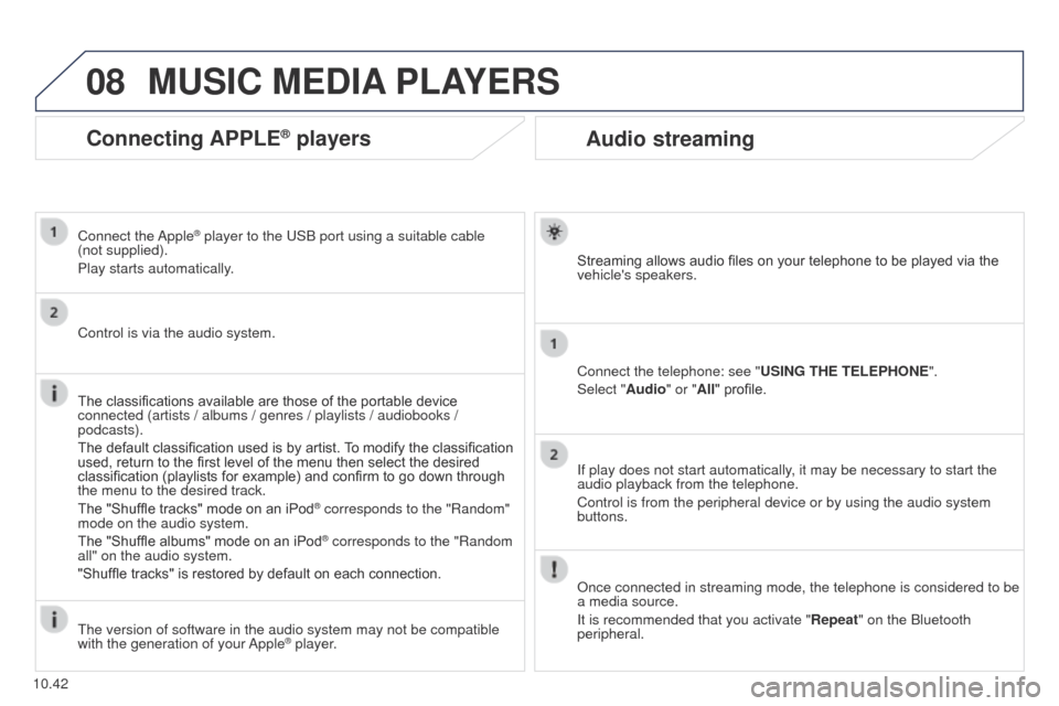 Peugeot Partner 2015 Owners Manual 08
10.42
Partner-2-VU_en_Chap10b_RT6-2-8_ed02-2014
Audio streaming
Streaming allows audio files on your telephone to be played via the
vehicles speakers.
Connect the telephone: see "USING THE TELEPH Peugeot Partner 2015 Owners Manual 08
10.42
Partner-2-VU_en_Chap10b_RT6-2-8_ed02-2014
Audio streaming
Streaming allows audio files on your telephone to be played via the
vehicles speakers.
Connect the telephone: see "USING THE TELEPH