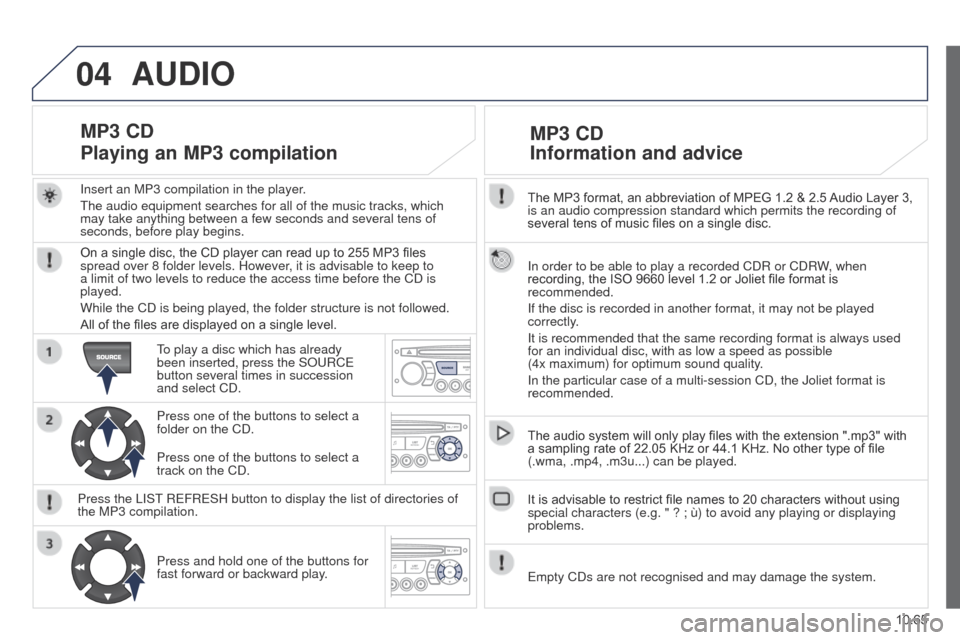 Peugeot Partner 2015  Owners Manual 04
10.65
Partner-2-VU_en_Chap10c_RD45_ed02_2014
The MP3 format, an abbreviation of MPEG 1.2 & 2.5 Audio Layer 3, 
is an audio compression standard which permits the recording of 
several tens of music