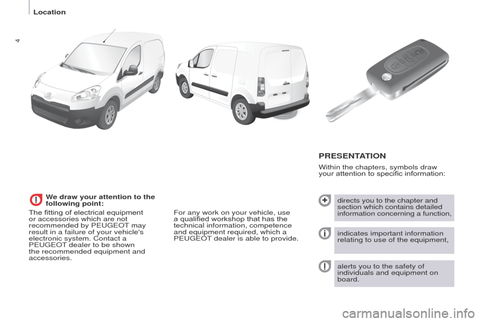 Peugeot Partner 2015  Owners Manual 4
Partner-2-VU_en_Chap01_vue-ensemble_ed02-2014
Within the chapters, symbols draw 
your attention to specific information:
PRESENTATION
directs you to the chapter and 
section which contains detailed 