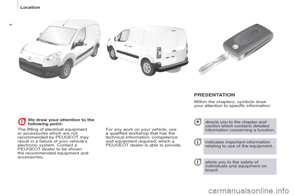 Peugeot Partner 2015 Owners Manual 4
Partner-2-VU_en_Chap01_vue-ensemble_ed02-2014
Within the chapters, symbols draw
your attention to specific information:
PRESENTATION
directs you to the chapter and
section which contains detailed Peugeot Partner 2015 Owners Manual 4
Partner-2-VU_en_Chap01_vue-ensemble_ed02-2014
Within the chapters, symbols draw
your attention to specific information:
PRESENTATION
directs you to the chapter and
section which contains detailed