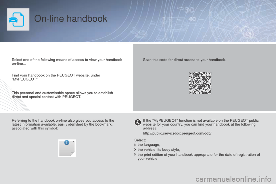 Peugeot Partner 2015  Owners Manual - RHD (UK, Australia) Partner-2-VU_en_Chap00_Couv-debut_ed01-2015
On-line handbook
Select one of the following means of access to view your handbook 
on-line...
Referring to the handbook on-line also gives you access to th