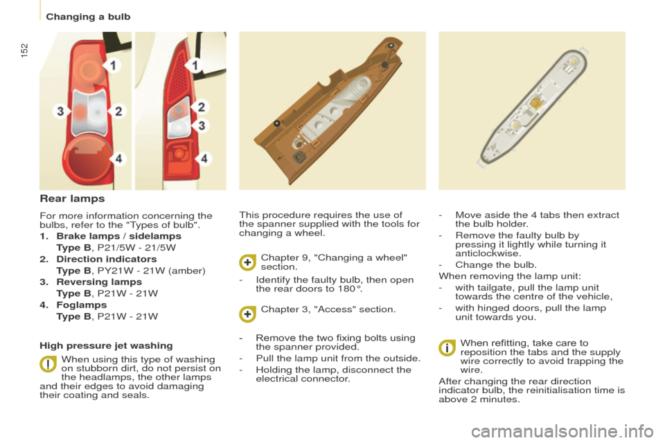 Peugeot Partner 2015  Owners Manual - RHD (UK, Australia) 152
Partner-2-VU_en_Chap08_Aide-rapide_ed01-2015
This procedure requires the use of 
the spanner supplied with the tools for 
changing a wheel.-
 Move aside the 4 tabs then extract 
the bulb holder
.
