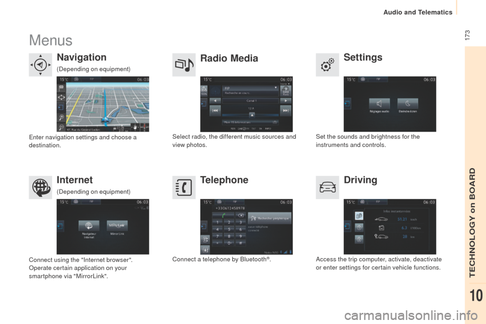 Peugeot Partner 2015  Owners Manual - RHD (UK, Australia)  173
Partner-2-VU_en_Chap10a_SMEGplus_ed01-2015
Menus
Settings
Radio Media
Navigation
Driving
Internet Telephone
Set the sounds and brightness for the 
instruments and controls.
Select radio, the diff