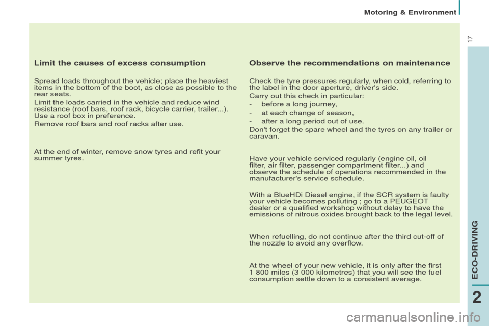 Peugeot Partner 2015 - RHD (UK, Australia) User Guide 17
Limit the causes of excess consumption
Spread loads throughout the vehicle; place the heaviest
items in the bottom of the boot, as close as possible to the
rear seats.
Limit the loads carried in Peugeot Partner 2015 - RHD (UK, Australia) User Guide 17
Limit the causes of excess consumption
Spread loads throughout the vehicle; place the heaviest
items in the bottom of the boot, as close as possible to the
rear seats.
Limit the loads carried in