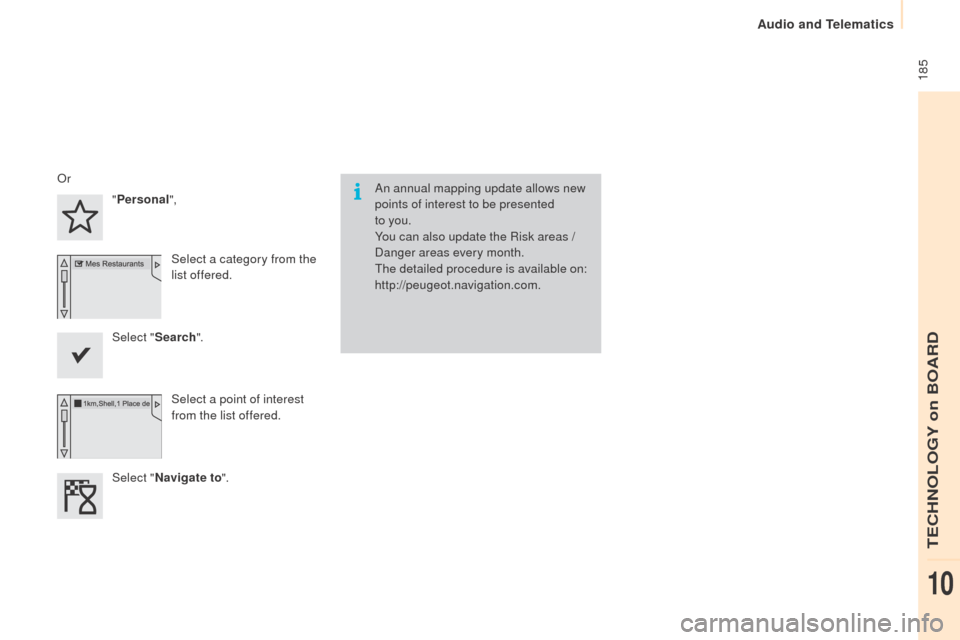 Peugeot Partner 2015  Owners Manual - RHD (UK, Australia)  185
Partner-2-VU_en_Chap10a_SMEGplus_ed01-2015
An annual mapping update allows new 
points of interest to be presented 
to you.
You can also update the Risk areas / 
Danger areas every month.
The det