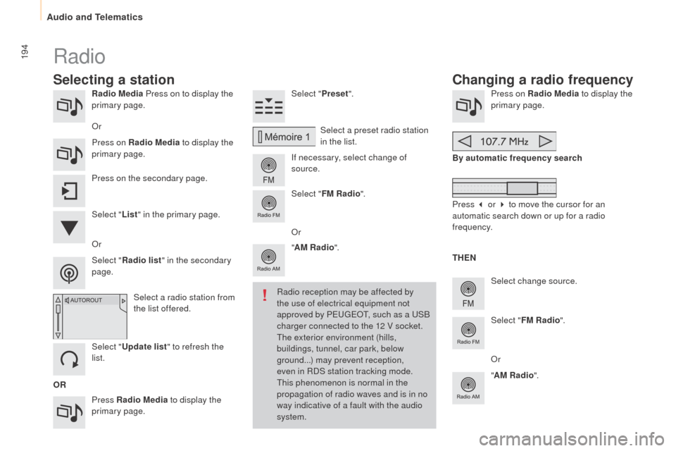 Peugeot Partner 2015  Owners Manual - RHD (UK, Australia) 194
Partner-2-VU_en_Chap10a_SMEGplus_ed01-2015
Radio Media Press on to display the 
primary page.
Press Radio Media  to display the 
primary page. Select "
Preset".
If necessary, select change of 
sou