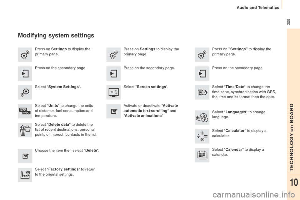 Peugeot Partner 2015  Owners Manual - RHD (UK, Australia)  209
Partner-2-VU_en_Chap10a_SMEGplus_ed01-2015
Press on Settings to display the 
primary page. Press on "Settings"
 to display the 
primary page.
Press on Settings
 to display the 
primary page.
Pres