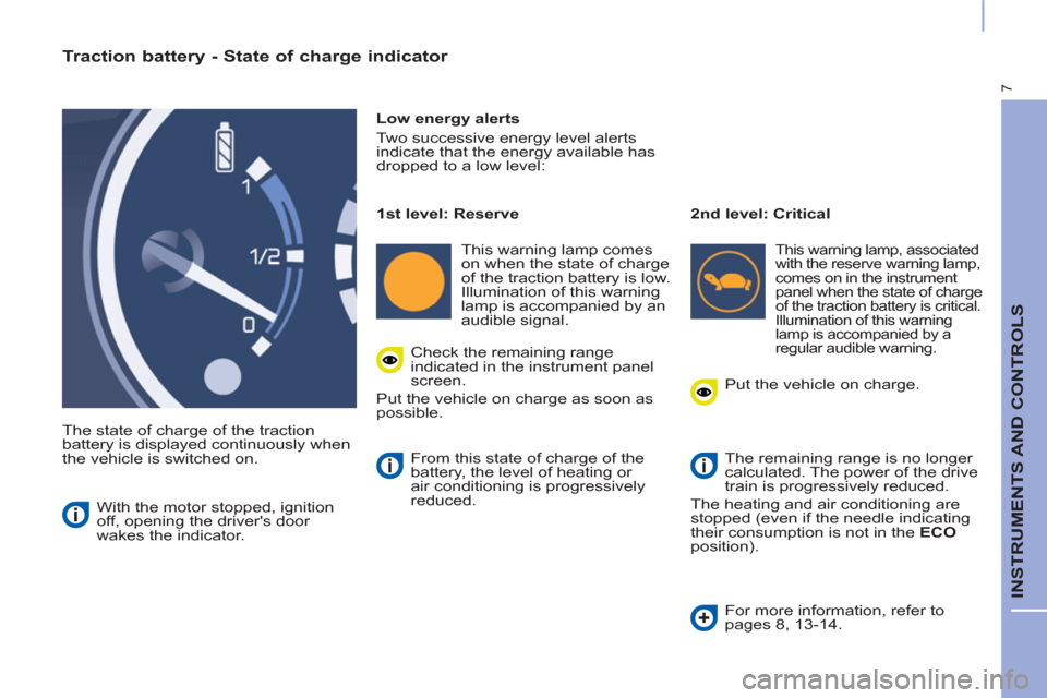 Peugeot Partner 2015  Owners Manual - RHD (UK, Australia) 7
  INSTRUMENTS AND CONTROLS 
 
 
Traction battery - State of charge indicator 
 
The state of charge of the traction 
battery is displayed continuously when 
the vehicle is switched on.    
Low energ
