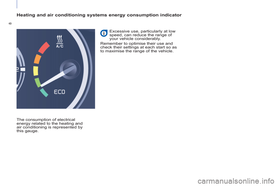 Peugeot Partner 2015  Owners Manual - RHD (UK, Australia) 8
   
Heating and air conditioning systems energy consumption indicator 
 
The consumption of electrical 
energy related to the heating and 
air conditioning is represented by 
this gauge.   Excessive