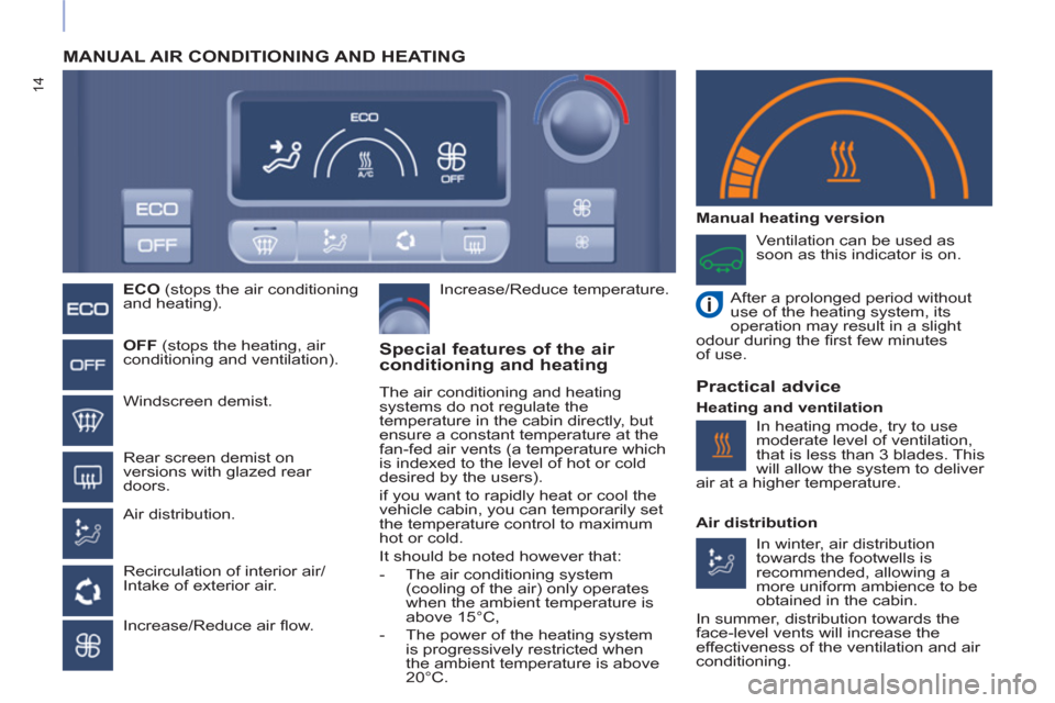 Peugeot Partner 2015  Owners Manual - RHD (UK, Australia) 14
  MANUAL AIR CONDITIONING AND HEATING  
 
 
 
ECO 
 (stops the air conditioning 
and heating).  
   
 
OFF 
 (stops the heating, air 
conditioning and ventilation).  
   
Windscreen demist.  
   
R