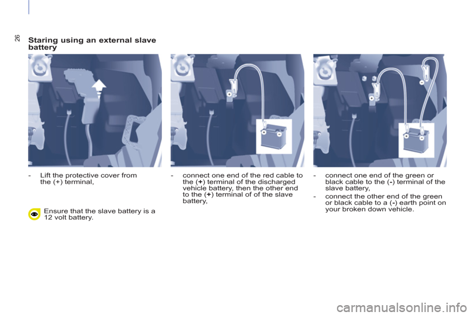 Peugeot Partner 2015  Owners Manual - RHD (UK, Australia) 26   
Staring using an external slave 
battery 
  Ensure that the slave battery is a 
12 volt battery.     
 
-   Lift the protective cover from
the (+) terminal,    
-   connect one end of the red ca
