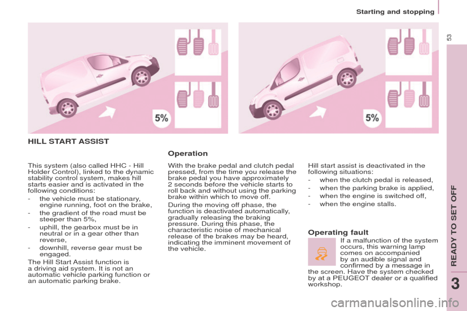 Peugeot Partner 2015   - RHD (UK, Australia) Workshop Manual 53
Partner-2-VU_en_Chap03_Pret-a-partir_ed01-2015
HILL START  ASSIST
Operation
With the brake pedal and clutch pedal 
pressed, from the time you release the 
brake pedal you have approximately 
2 seco