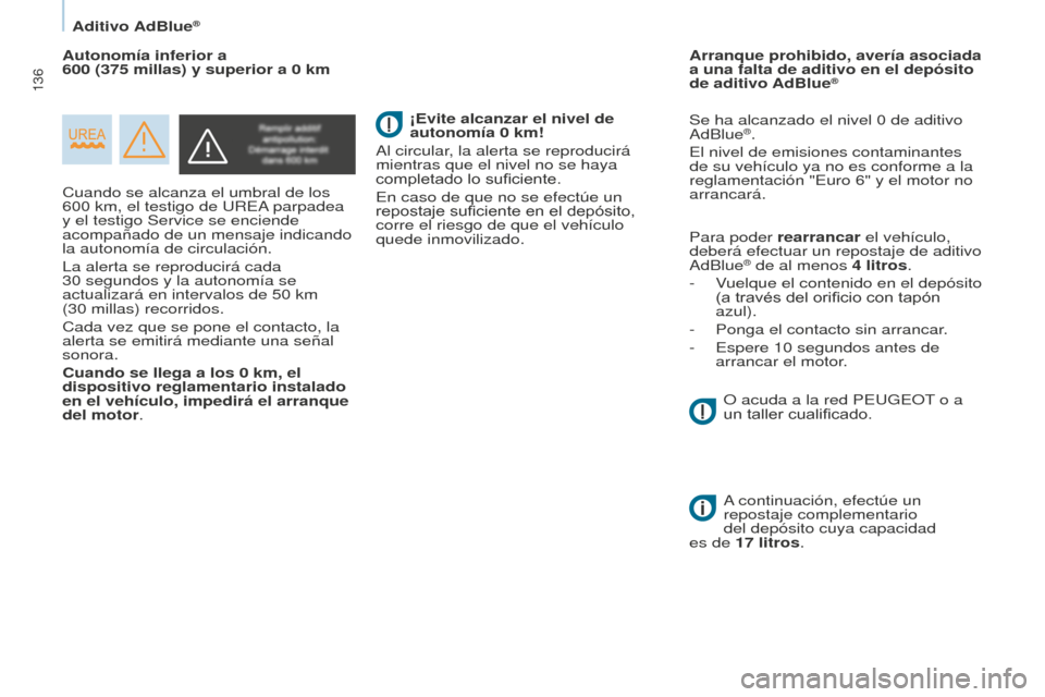 Peugeot Partner 2015 Manual del propietario (in Spanish) 136
Partner-2-VU_es_Chap07_Verification_ed01-2015
Cuando se alcanza el umbral de los
600 km, el testigo de UREA parpadea
y el testigo Service se enciende
acompañado de un mensaje indicando
la au Peugeot Partner 2015 Manual del propietario (in Spanish) 136
Partner-2-VU_es_Chap07_Verification_ed01-2015
Cuando se alcanza el umbral de los
600 km, el testigo de UREA parpadea
y el testigo Service se enciende
acompañado de un mensaje indicando
la au