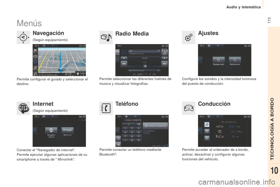 Peugeot Partner 2015 Manual del propietario (in Spanish) 173
Partner-2-VU_es_Chap10a_SMEGplus_ed01-2015
Menús
Ajustes
Radio Media
Navegación
Conducción
Internet Teléfono
Configure los sonidos y la intensidad luminosa
del puesto de conducción.
Permite Peugeot Partner 2015 Manual del propietario (in Spanish) 173
Partner-2-VU_es_Chap10a_SMEGplus_ed01-2015
Menús
Ajustes
Radio Media
Navegación
Conducción
Internet Teléfono
Configure los sonidos y la intensidad luminosa
del puesto de conducción.
Permite