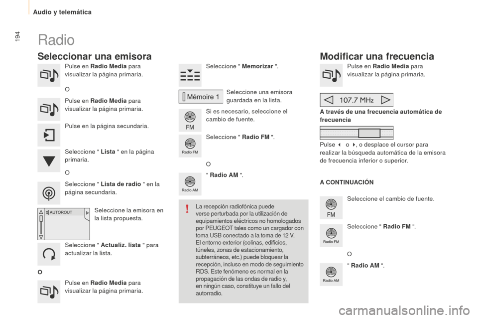 Peugeot Partner 2015 Manual del propietario (in Spanish) 194
Partner-2-VU_es_Chap10a_SMEGplus_ed01-2015
Pulse en Radio Media para
visualizar la página primaria.
Pulse en Radio Media para
visualizar la página primaria. Seleccione " Memorizar
".
Si es n Peugeot Partner 2015 Manual del propietario (in Spanish) 194
Partner-2-VU_es_Chap10a_SMEGplus_ed01-2015
Pulse en Radio Media para
visualizar la página primaria.
Pulse en Radio Media para
visualizar la página primaria. Seleccione " Memorizar
".
Si es n