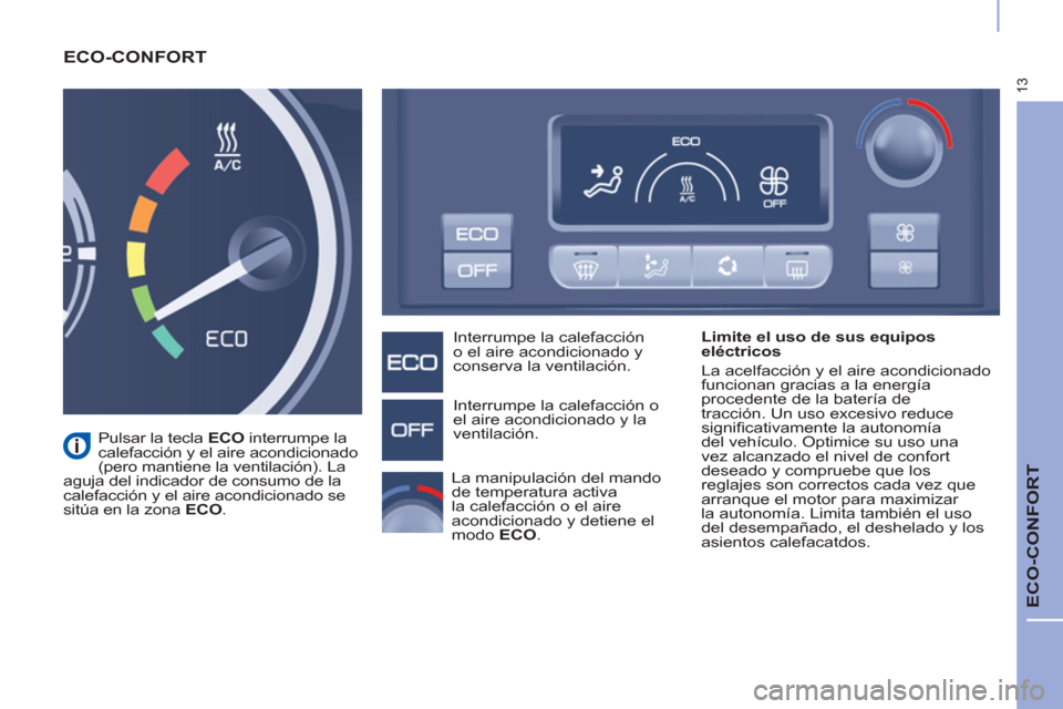 Peugeot Partner 2015 Manual del propietario (in Spanish) 13
ECO-CONFORT
ECO-CONFORT
Limite el uso de sus equipos
eléctricos
La acelfacción y el aire acondicionado
funcionan gracias a la energía
procedente de la batería de
tracción. Un Peugeot Partner 2015 Manual del propietario (in Spanish) 13
ECO-CONFORT
ECO-CONFORT
Limite el uso de sus equipos
eléctricos
La acelfacción y el aire acondicionado
funcionan gracias a la energía
procedente de la batería de
tracción. Un